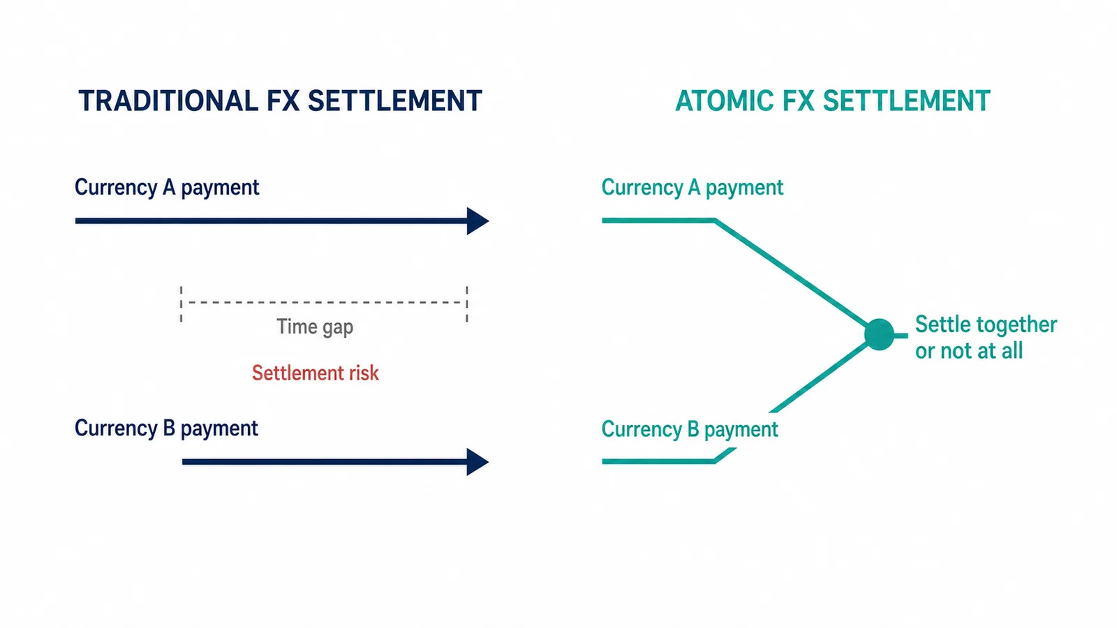 Diagram comparing delayed traditional FX settlement with atomic FX settlement where both payment legs settle together or not at all